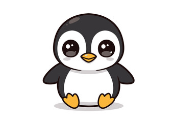 A cute penguin sits featuring big eyes and a yellow beak and feet