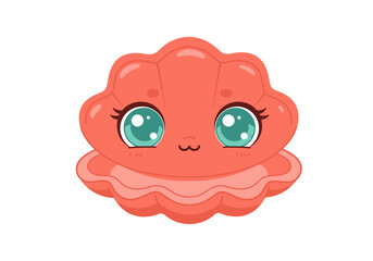 A cute red cartoon shell with big shiny bluegreen eyes and a small simple mouth