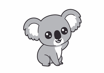 A gray cartoon koala sits waving with cute eyes and black nose
