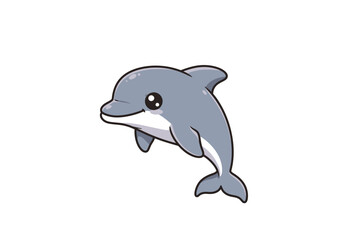 A gray cartoon dolphin is shown from the side with black outlines and a white belly