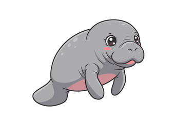 A gray cartoon manatee with big eyes pink cheeks  a small mouth It has two flippers  a tail
