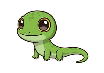 A green cartoon lizard with large eyes sits smiling