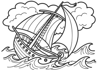 Sailing Ship on the Sea with Clouds Coloring Page for Kids and Adults