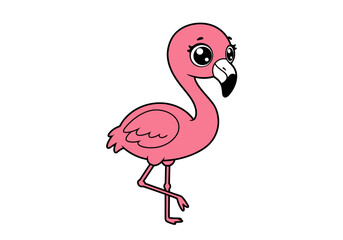 A pink cartoon flamingo stands with one leg raised black beak and big eyes