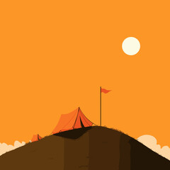 Minimal vector illustration of a tent on a hilltop at sunrise with orange sky and adventure flag