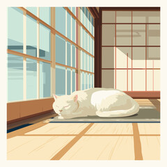 Illustration of white cat sleeping peacefully in traditional Japanese room with sunlight and shadows