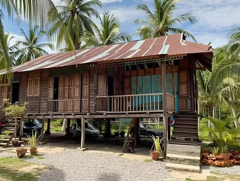 Traditional Malay stilt house amidst palm trees and colorful flowers