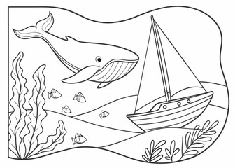 Ocean Scene with Whale Sailboat Fish and Seaweed for Coloring Book Page