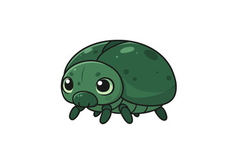 An illustration of a cute green beetle with round body visible legs and large innocent eyes