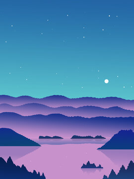 Moon shining over purple lake and mountains at night