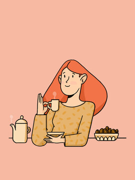 Woman drinking coffee or tea with dates during ramadan fasting time