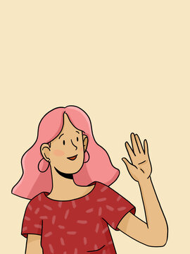 Young woman with pink hair waving hand and smiling