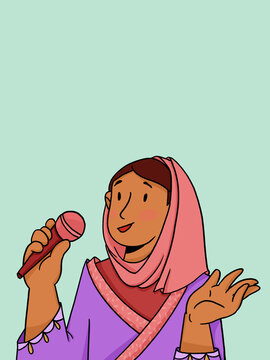 Muslim woman speaking with microphone and gesturing with hand