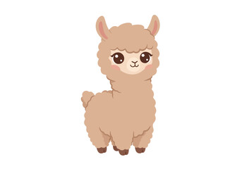 Cartoon alpaca with fluffy light brown fur big eyes small nose and pink cheeks stands centered on a white background © Chico Store