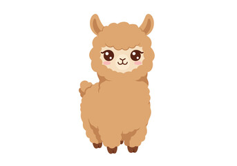 Cartoon alpaca with brown wool pink cheeks and black eyes standing against a white background