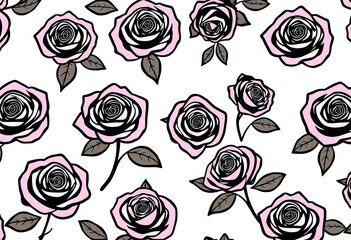 Elegant black outline rose seamless pattern on white background, flowers, decor
