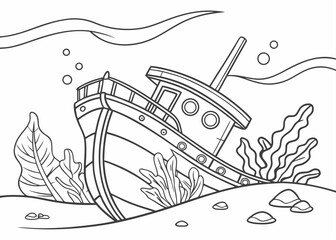 Line art illustration of a sunken ship underwater with seaweed and rocks on the ocean floor