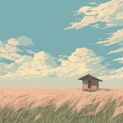 Digital illustration of small wooden house in grassy field under dramatic blue sky with soft clouds