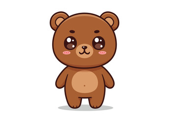Cartoon bear with big eyes brown fur  round features stands on a white background