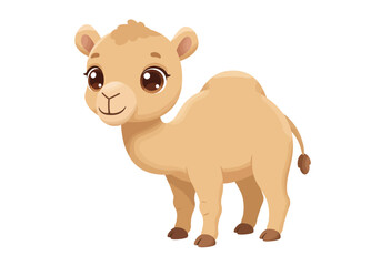 Cartoon camel with big eyes and single hump standing on a white background