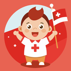 Adorable baby proudly holding a swiss flag at a family gathering