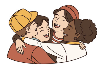 Joyful Gathering: A group of friends embrace in a warm hug, their faces alight with laughter and a deep sense of belonging.