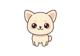 Cartoon chihuahua with big eyes rosy cheeks small mouth and tail standing against a white backdrop