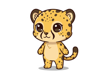 Cartoon cheetah with brown spots large eyes  tail stands on a white background