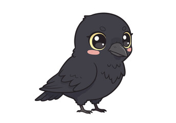Cartoon crow round eyes pink cheeks dark feathers simple design