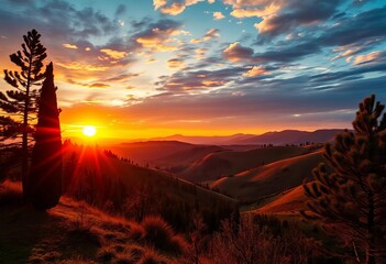 Naklejka premium Sunrise illuminates rolling Italian hills, cypress and pine trees silhouetted against a vibrant sky, scenic, picturesque