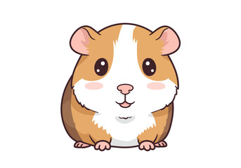 Cartoon guinea pig with brown and white fur pink cheeks and dark eyes sitting against a white background