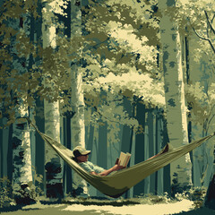 Illustration of person reading in hammock in peaceful forest with sunlight filtering through trees