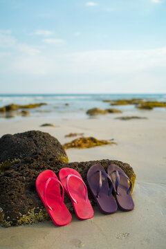 Bright flip flops on a beach on a sunny day