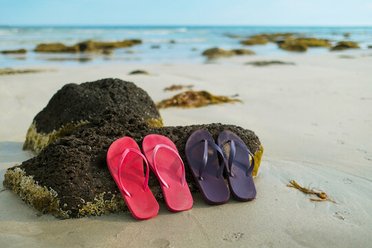 Bright flip flops on a beach on a sunny day