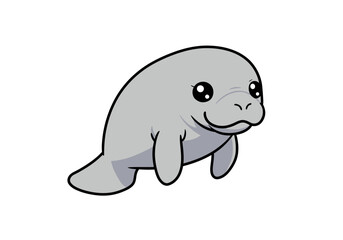 Cartoon manatee with large eyes and flippers light gray body thick black outline