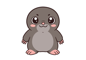 Cartoon mole A cute gray mole with big eyes pink cheeks and small paws stands against a white backdrop