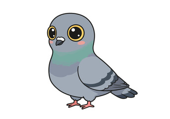 Cartoon pigeon with big eyes and pink cheeks stands against a white background