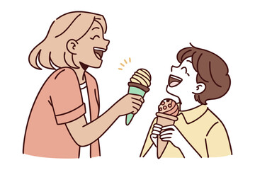 Ice Cream Joy: A delightful scene of a mother and child sharing ice cream cones, a sweet moment of happiness and bonding.