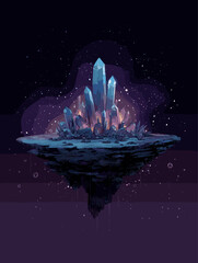 Fantasy illustration of glowing crystals on floating island in outer space with dark starry background