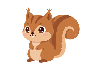 Cartoon squirrel with brown fur and big eyes sits upright with a curved tail on a white background