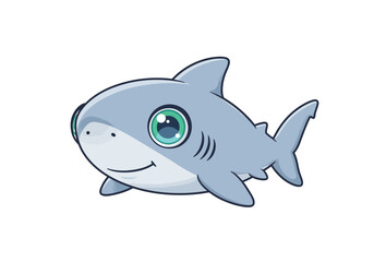 Cartoonish shark with big eyes and a friendly smile swimming on a white background