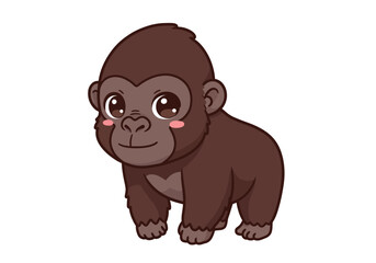 Cartoonstyle gorilla with pink cheeks and big eyes stands on a white background