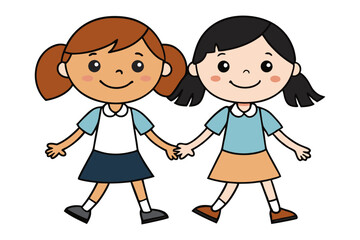Friendship Embrace: A heartwarming illustration of two young girls, full of joy, holding hands in a sweet display of companionship and unity. Capturing the essence of friendship.
