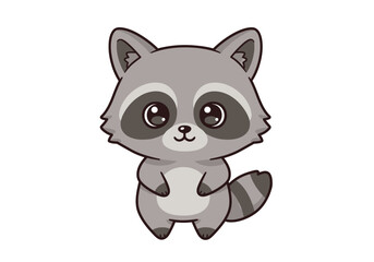 Cute cartoon raccoon gray fur and black mask standing upright