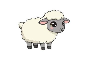 Cute cartoon sheep with fluffy wool and big eyes standing on a white background