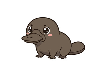 Cute cartoon platypus with big eyes and a duckbill stands on a white background