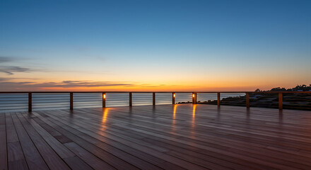 Obraz premium Scenic Wooden Deck with Twilight Sky View, Peaceful Sunset over Elegant Wooden Deck