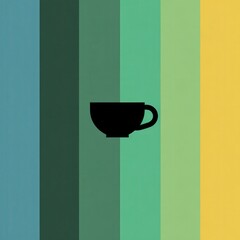 Simple black teacup silhouette centered on a vibrant, vertical, multicolored striped background