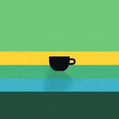 Minimalist graphic of a black coffee cup centered on a multi-colored horizontal striped background with a long shadow