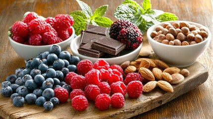 Foods rich in polyphenols and antioxidants, known for their heart-healthy and anti-inflammatory properties, are thoughtfully arranged on a rustic surface for visual appeal.